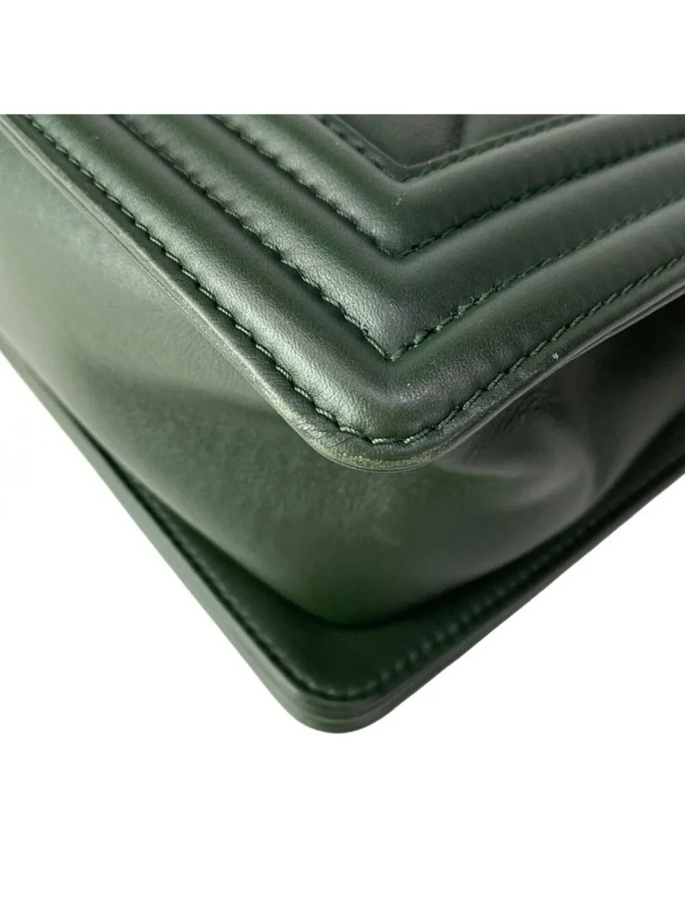 Chanel Shoulder Bag Boy Quilted Dark Green Vintage Gold Chain Leather